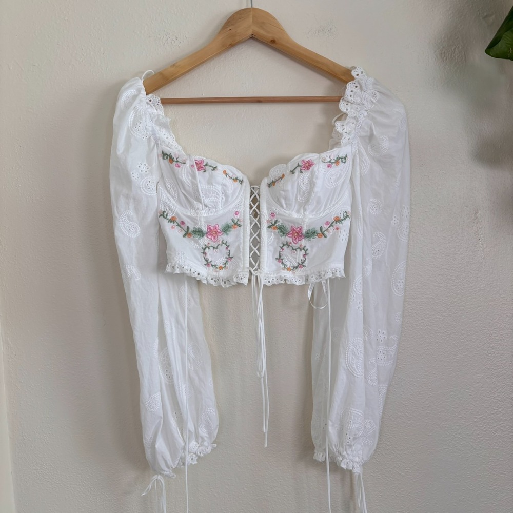 For Love & Lemons Thalia Top Size Small Cropped White Floral Embroidery Top